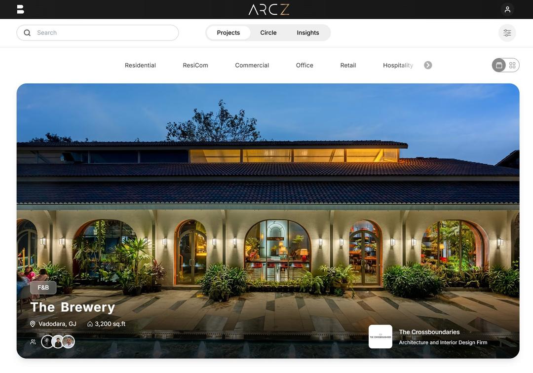 Annotated ARCZ public-page screenshots showing the Projects feed and The Brewery project page with its linked firm, Vadodara location, F&B type and credited team.