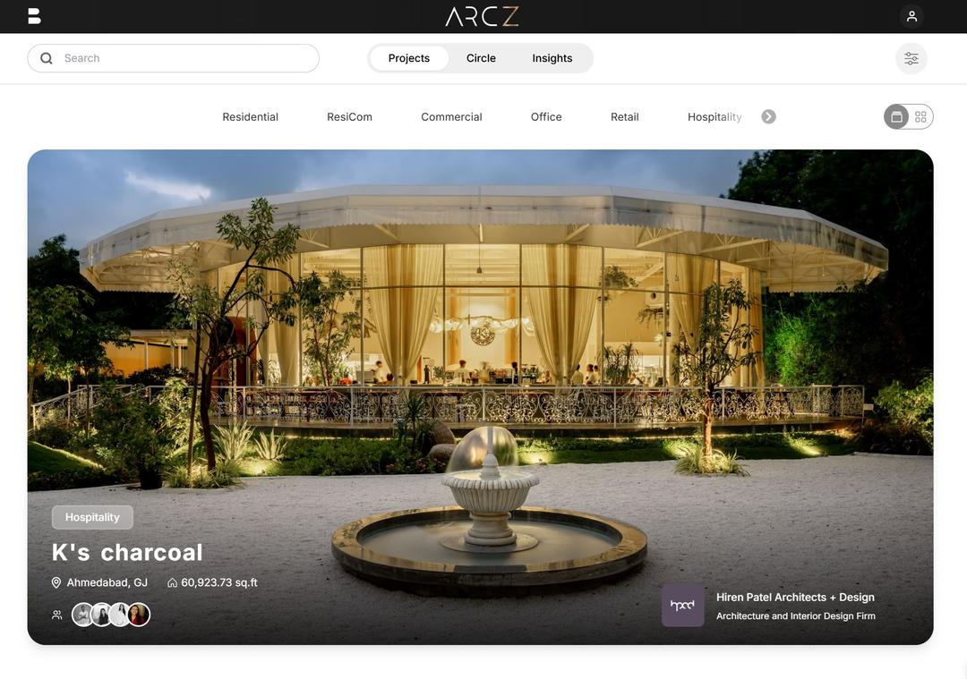 Annotated ARCZ public-page screenshots showing the Projects feed and the K’s Charcoal project page with its linked firm, Ahmedabad location, Hospitality type and credited team.