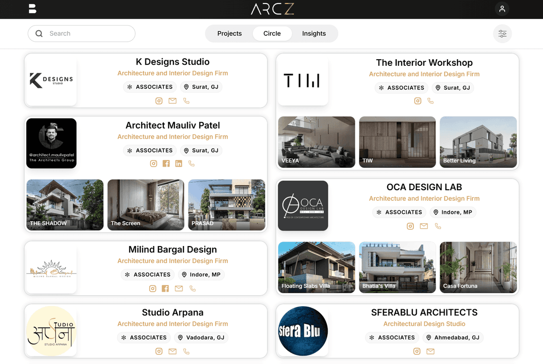 Annotated ARCZ screenshots showing Circle, the Architect Mauliv Patel firm profile, Mauliv Patel professional profile and the linked IT Office project.