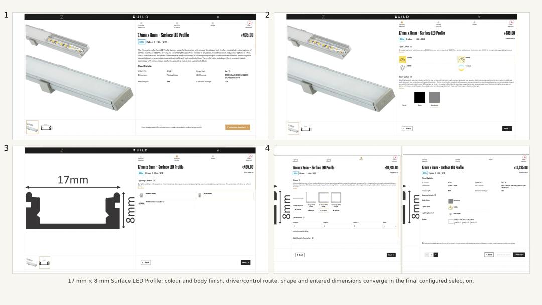 BUILD by ARCZ screenshots showing the 17 mm x 8 mm HYBEC surface profile with light colour, driver/control and dimension-led shape configuration.