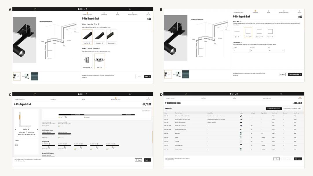 Four BUILD by ARCZ screenshots showing 4-Wire Magnetic Track mounting and shape selection, fixture placement and generated parts.